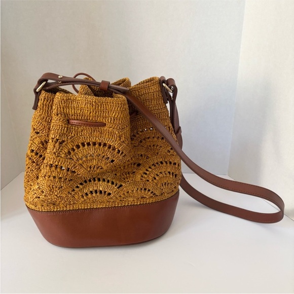 Sezane Alma Bucket Bag Ochre Raffia Leather Brown Shoulder Crossbody Purse Rare - Picture 9 of 16